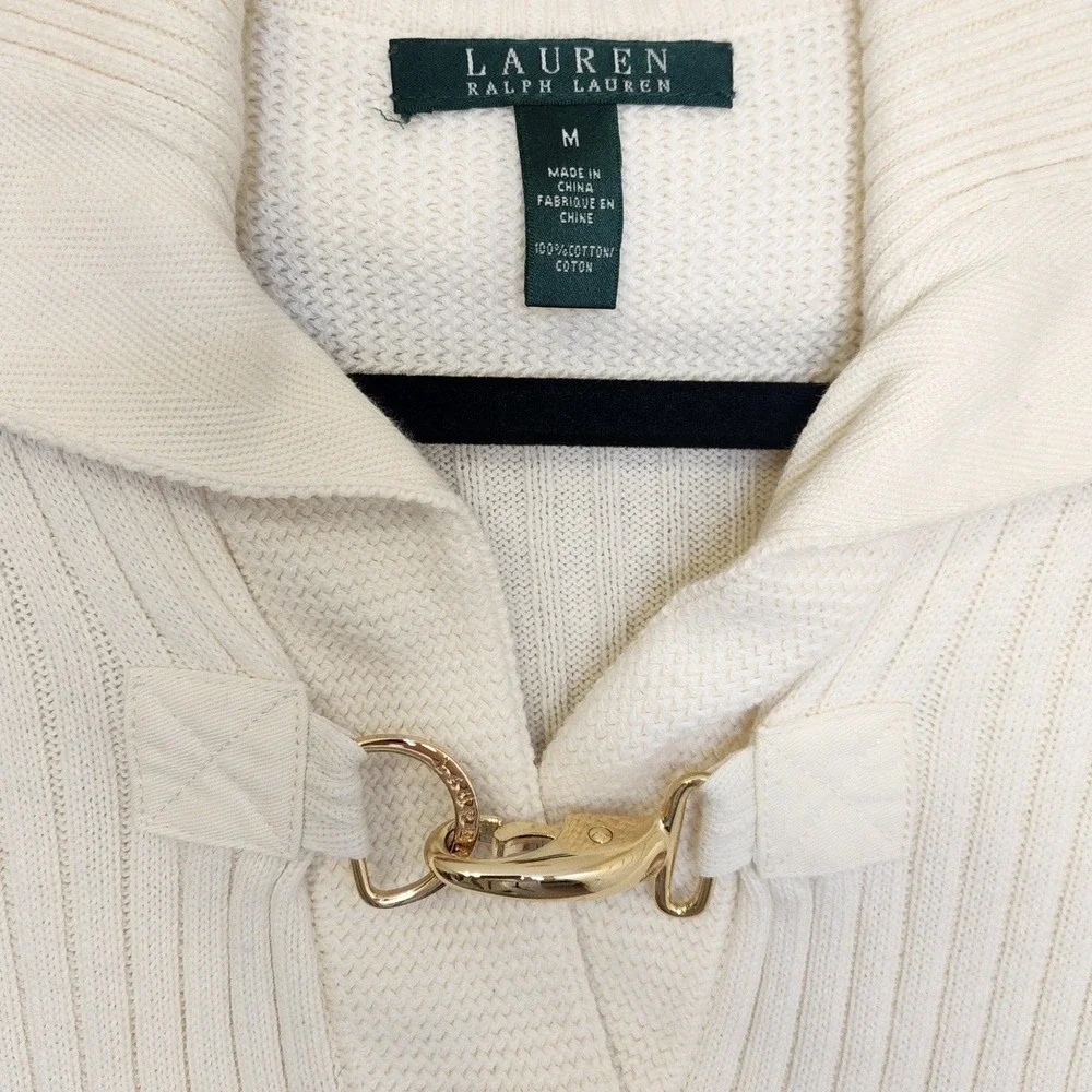 Lauren Ralph Lauren Cream Ribbed Shawl‎ Collar Sweater Gold Clasp Medium - Picture 2 of 7